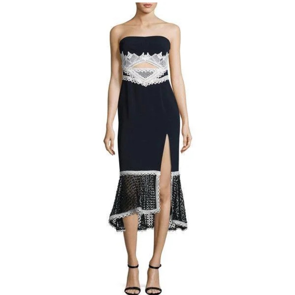 Jonathan Simkhai black and white scallop trim midi cocktail dress